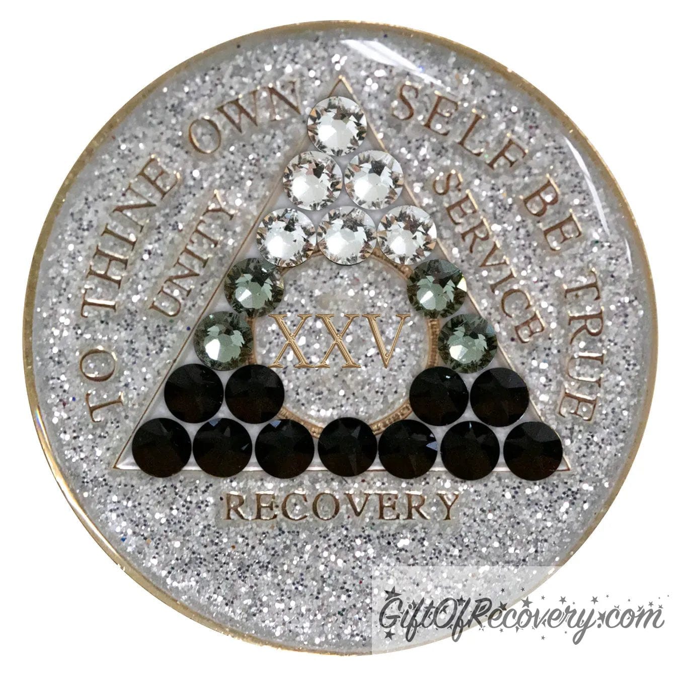 25 year Silver glitter AA transition medallion with twenty-one genuine crystal going from dark to light, which symbolizes growth in recovery, recovery medallion moto's are embossed with 14k gold-plated brass, sealed in a high-quality, chip and scratch-resistant resin dome giving it a beautiful glossy look that will last.