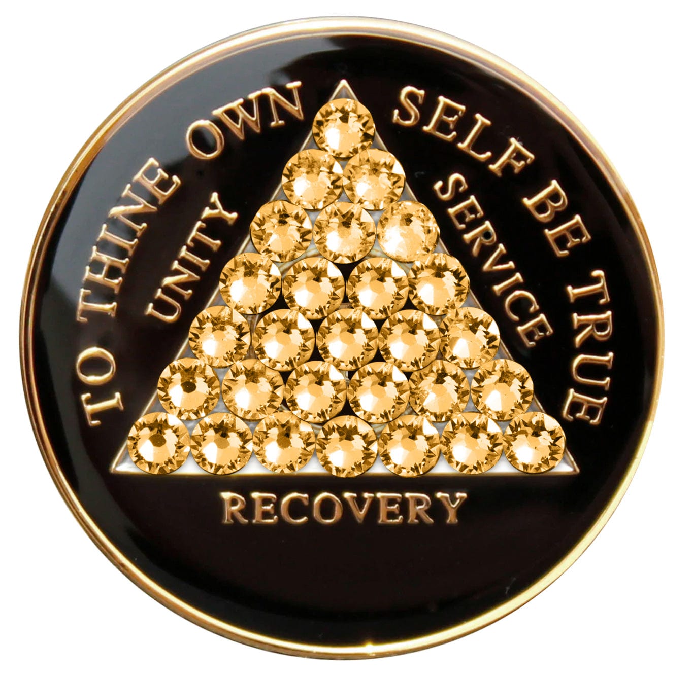 AA medallion black Onyx with 28 gold CZ genuine crystals that form the triangle entirely, this is the timeless recovery medallion, shine on with this beauty, we all have one day at a time, the AA slogan and three legacies are embossed with 14k gold-plated brass and sealed with resin for a glossy finish that will last and is scratch proof.