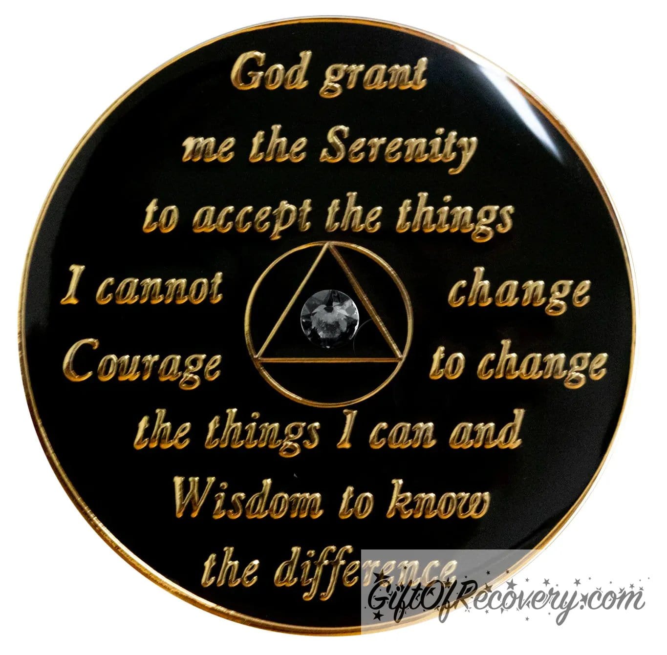 Back of bloom AA recovery medallion is black onyx and has the serenity prayer, outer rim, and the circle triangle in the center 14k gold-plated brass, the circle and triangle are black with one single black genuine crystal in the center of the triangle, the recovery medallion is sealed with resin for a shiny finish. 