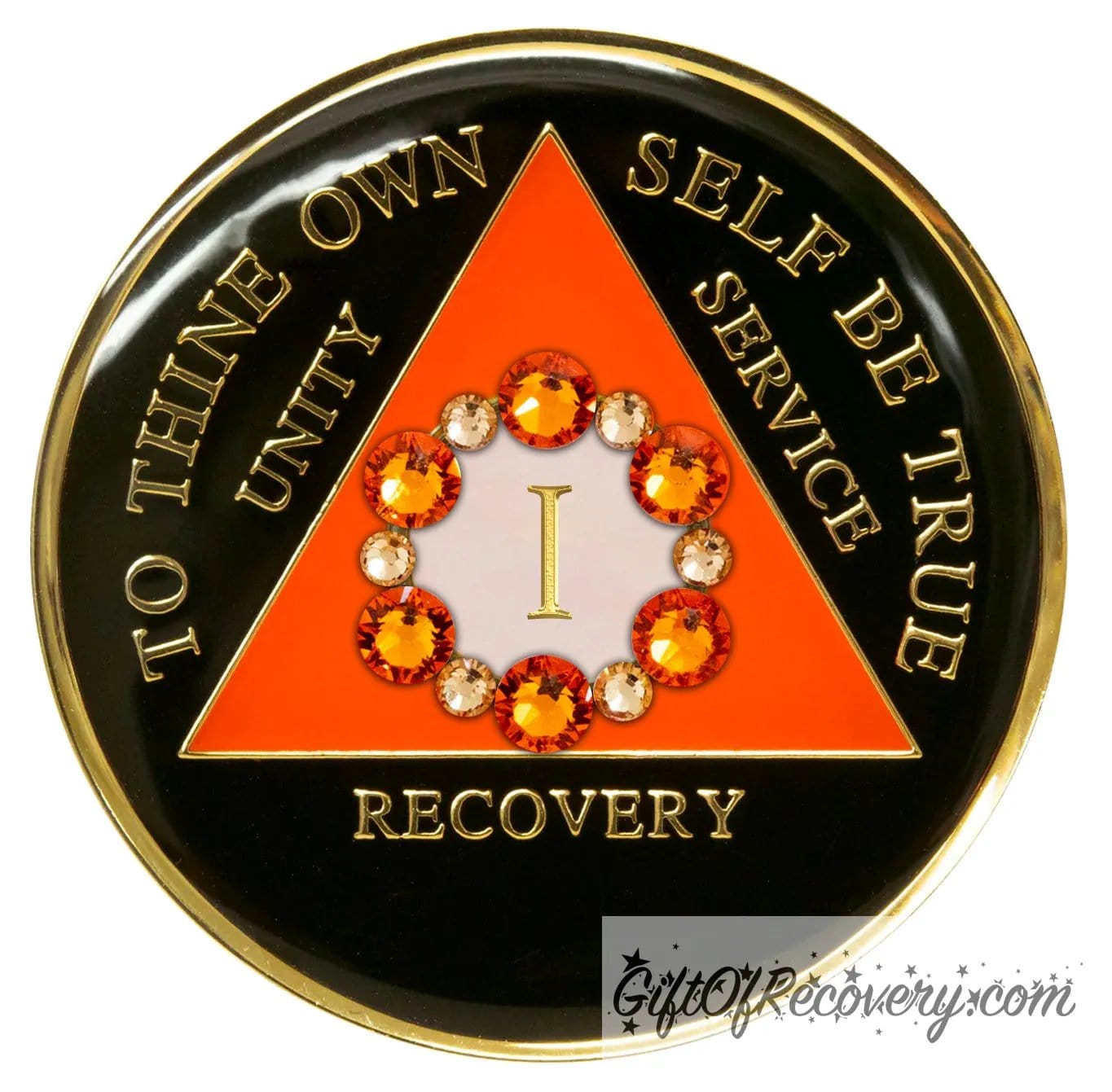 Recovery medallion 1 year black onyx 12 crystals that form the circle around the roman numeral representing growth in recovery, the triangle is sunset orange and the circle is pearl white, the lettering is embossed with 14k gold-plated brass and sealed in resin for a glossy finish that is scratch resistant.