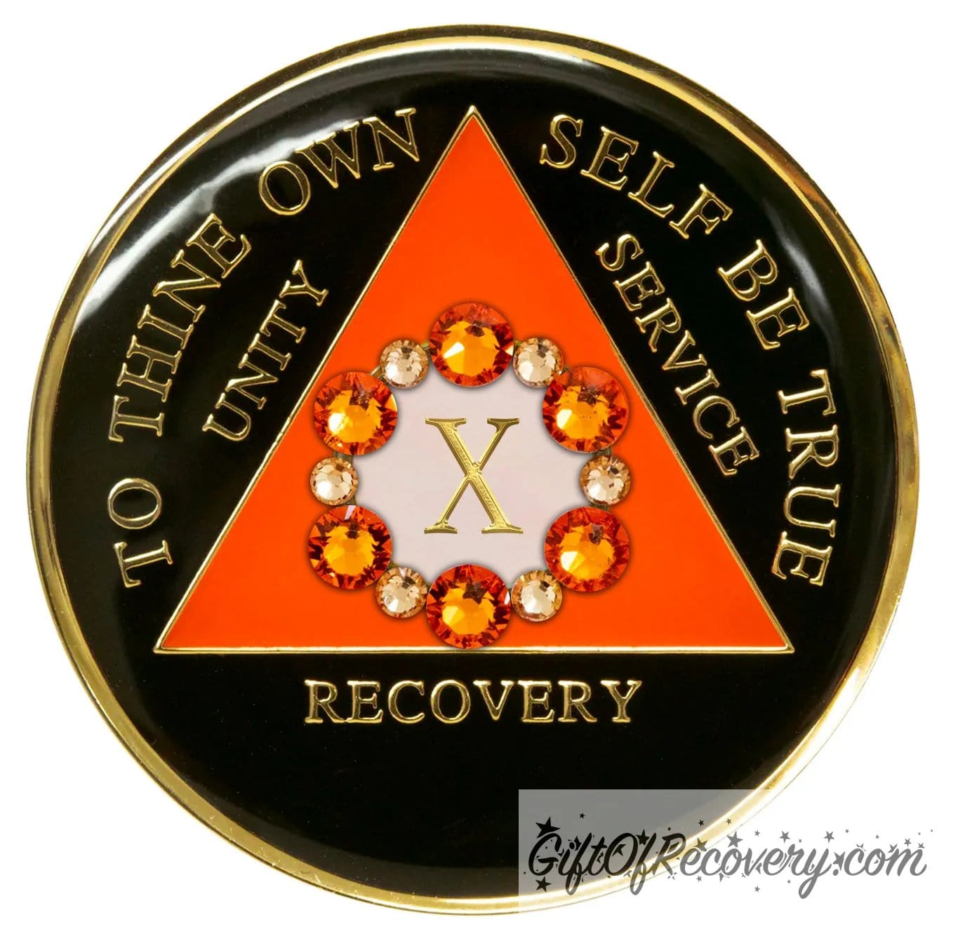 Recovery medallion 10 year black onyx 12 crystals that form the circle around the roman numeral representing growth in recovery, the triangle is sunset orange and the circle is pearl white, the lettering is embossed with 14k gold-plated brass and sealed in resin for a glossy finish that is scratch resistant.