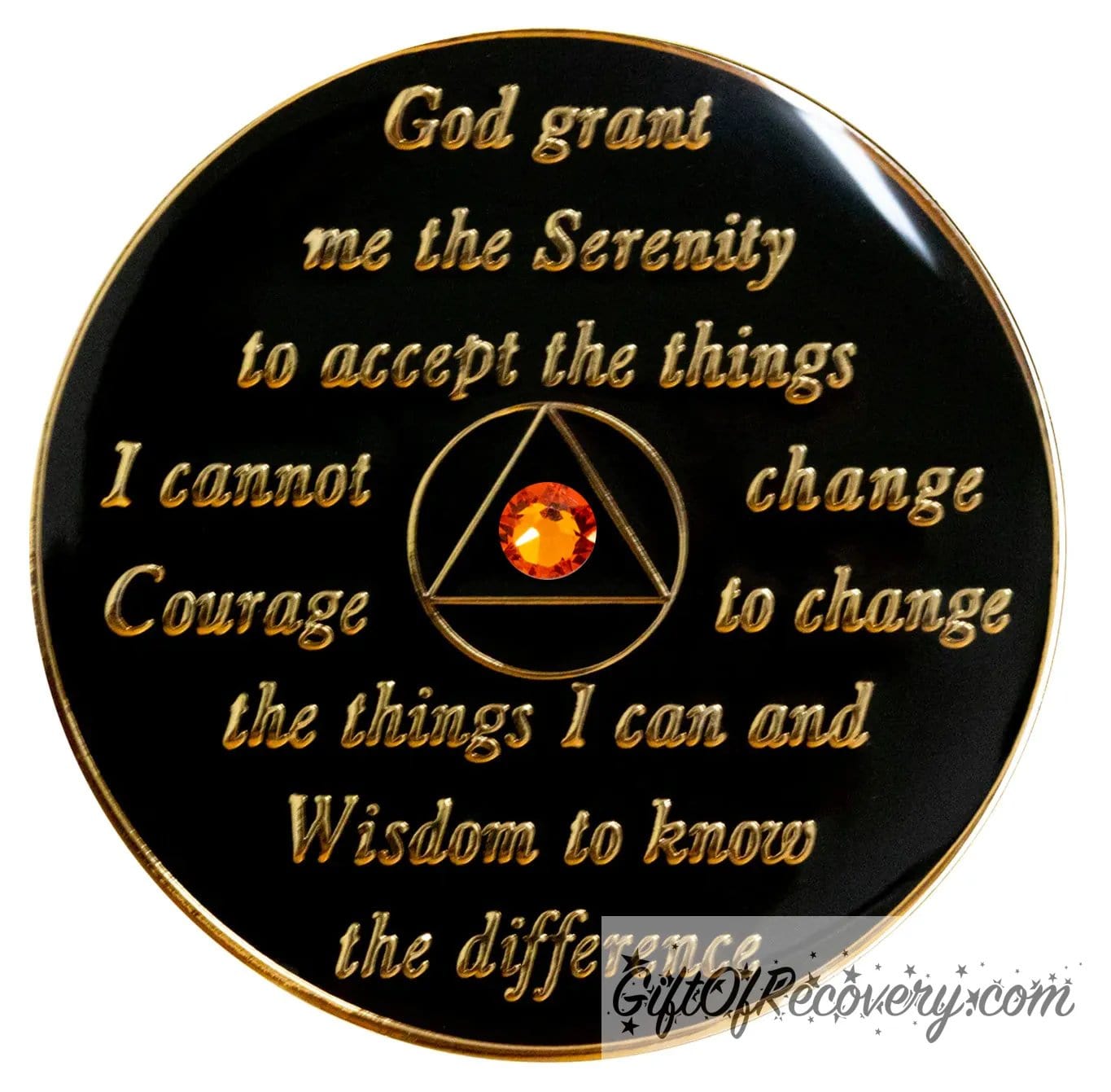 Back of black orange sunset crystalized, AA medallion in black onyx, with serenity prayer and symbol in 14k gold-plated brass, with one genuine sunset orange crystal in the center of the triangle. sealed in a high-quality, chip and scratch-resistant resin dome giving it a beautiful glossy look that will last.