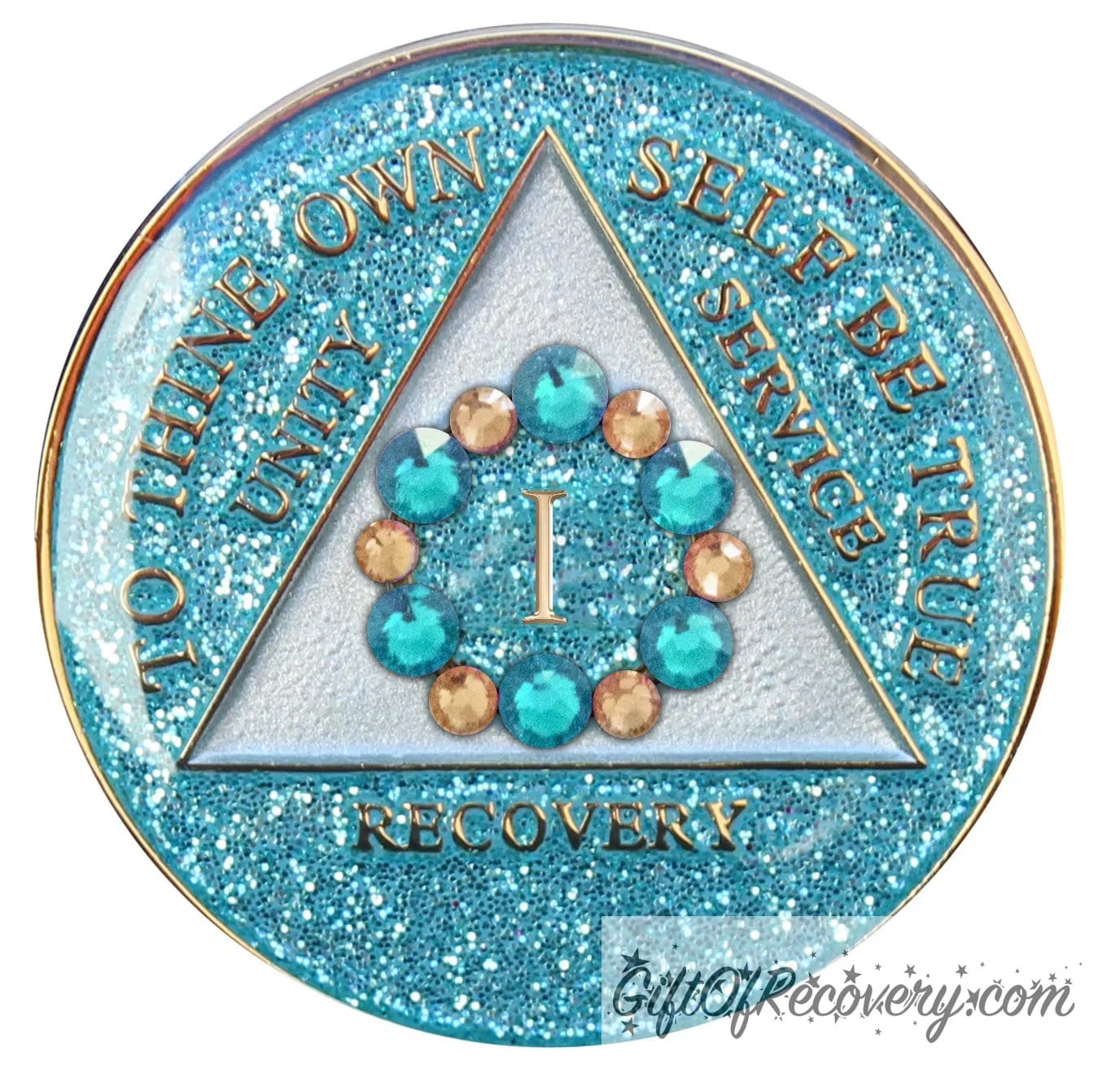 1 year AA medallion Aquamarine glitter with 6 blue zircon genuine crystals and 6 gold that are in a circle around the roman numeral to represent a flower in bloom, we grow when we work the 12 steps, the AA moto is embossed with 14k gold-plated brass and sealed with resin for a glossy finish that is scratch proof and will last.