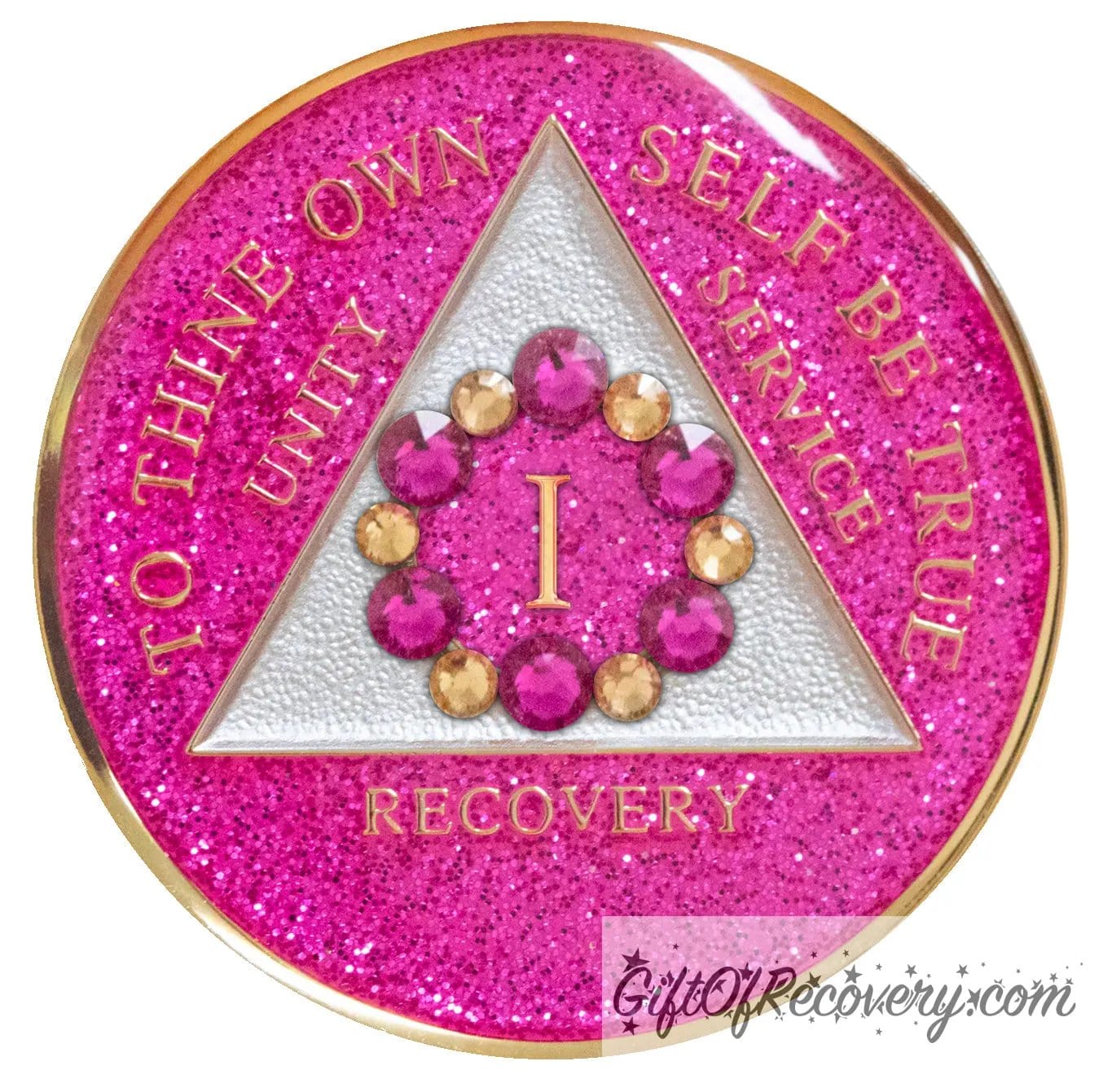 1 year AA medallion princess pink glitter with 6 gold CZ genuine crystals and 6 pink zircon forming a circle around the roman numeral to represent blooming in the program and growing where you are planted, the triangle is pearl white and AA moto is embossed with 14k gold-plated brass, sealed with resin for a glossy finish that will last and is scratch proof.