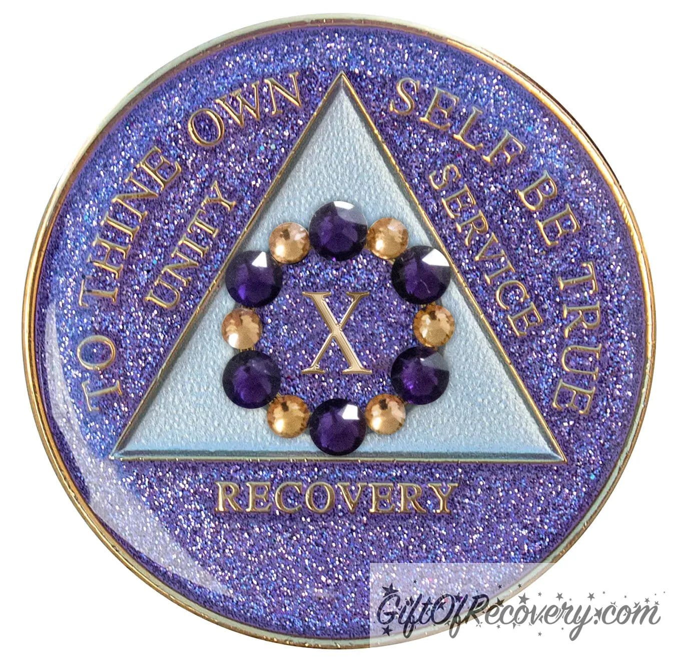 10 year AA medallion purple glitter Amethyst with 6 gold and 6 purple genuine crystals that form a circle to represent blooming through the 12 steps of recovery, to thine own self be true, unity, service, recovery embossed with 14k gold-plated brass, triangle is pearl white, sealed with resin for a shiny finish that will last and is scratch proof.