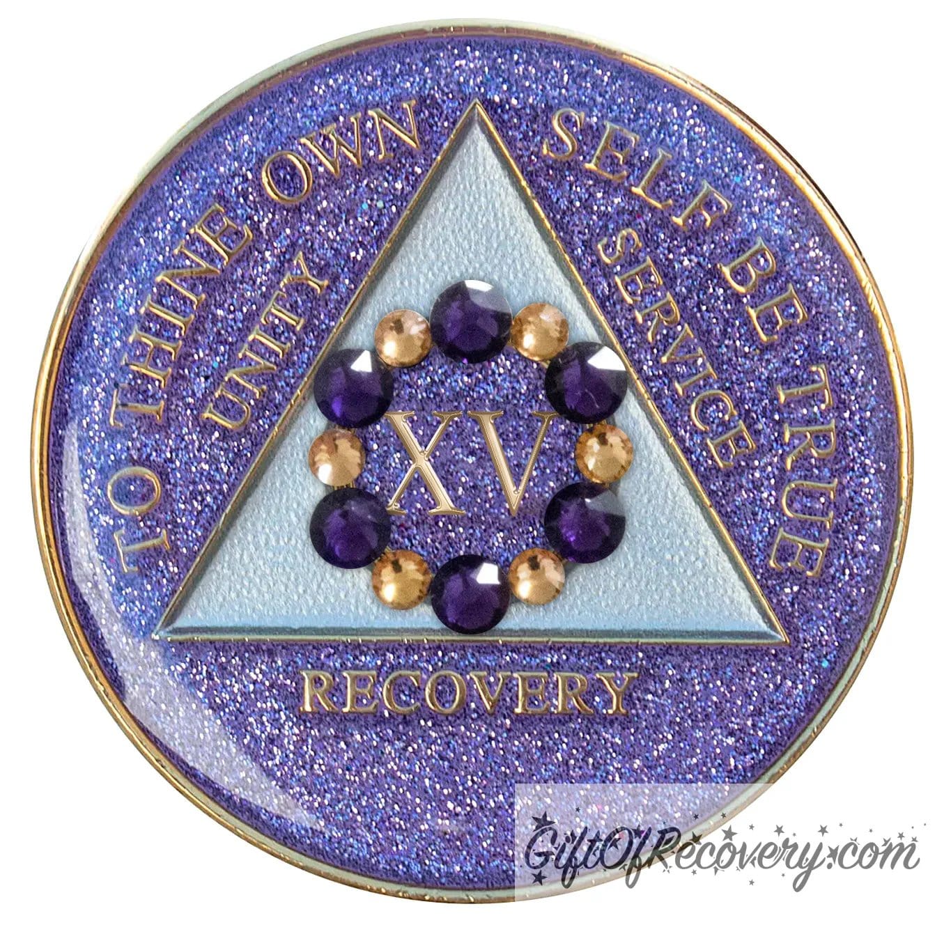 15 year AA medallion purple glitter Amethyst with 6 gold and 6 purple genuine crystals that form a circle to represent blooming through the 12 steps of recovery, to thine own self be true, unity, service, recovery embossed with 14k gold-plated brass, triangle is pearl white, sealed with resin for a shiny finish that will last and is scratch proof.