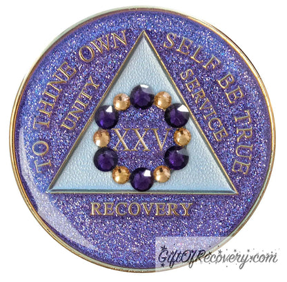 25 year AA medallion purple glitter Amethyst with 6 gold and 6 purple genuine crystals that form a circle to represent blooming through the 12 steps of recovery, to thine own self be true, unity, service, recovery embossed with 14k gold-plated brass, triangle is pearl white, sealed with resin for a shiny finish that will last and is scratch proof.