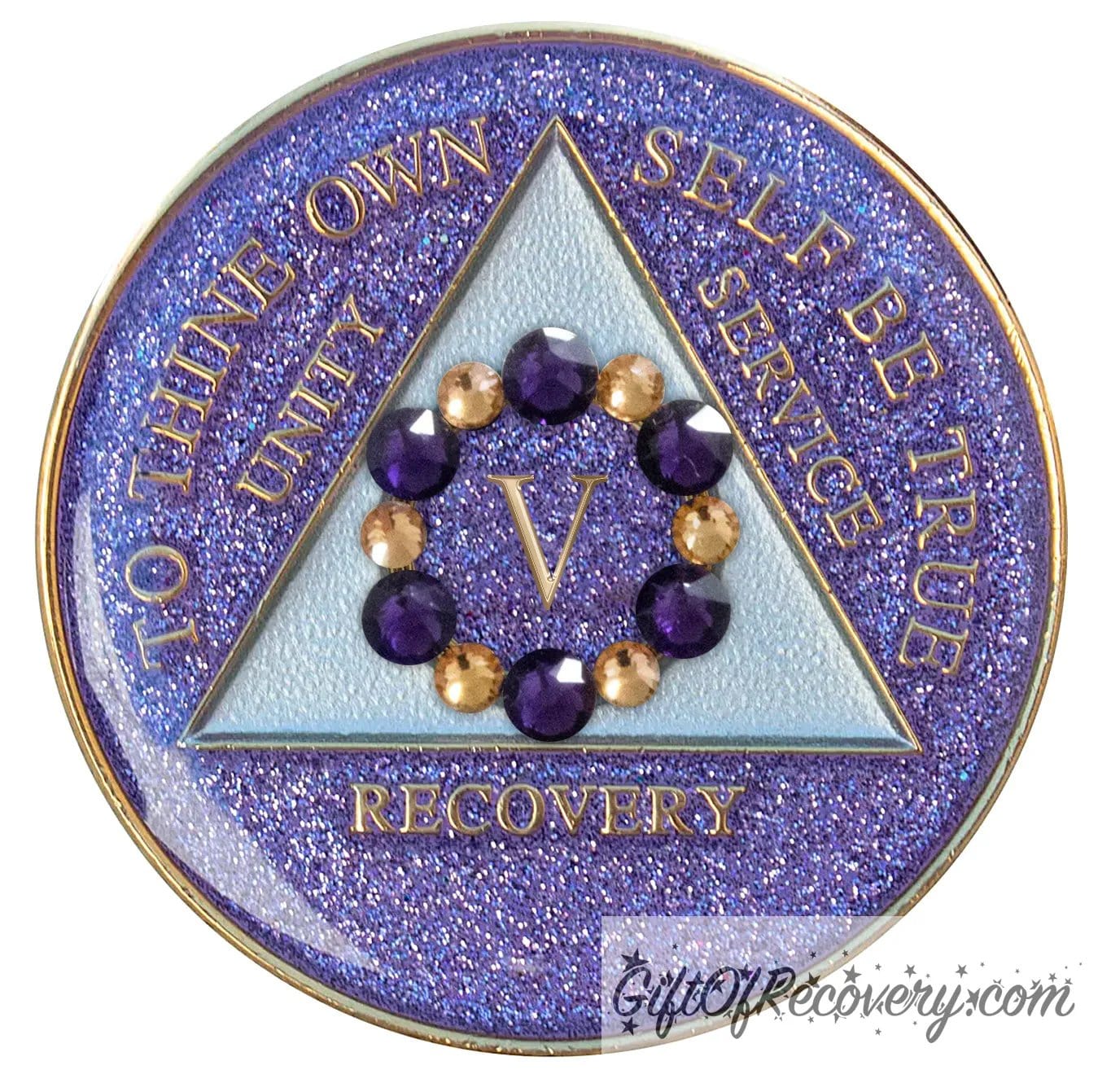 5 year AA medallion purple glitter Amethyst with 6 gold and 6 purple genuine crystals that form a circle to represent blooming through the 12 steps of recovery, to thine own self be true, unity, service, recovery embossed with 14k gold-plated brass, triangle is pearl white, sealed with resin for a shiny finish that will last and is scratch proof.