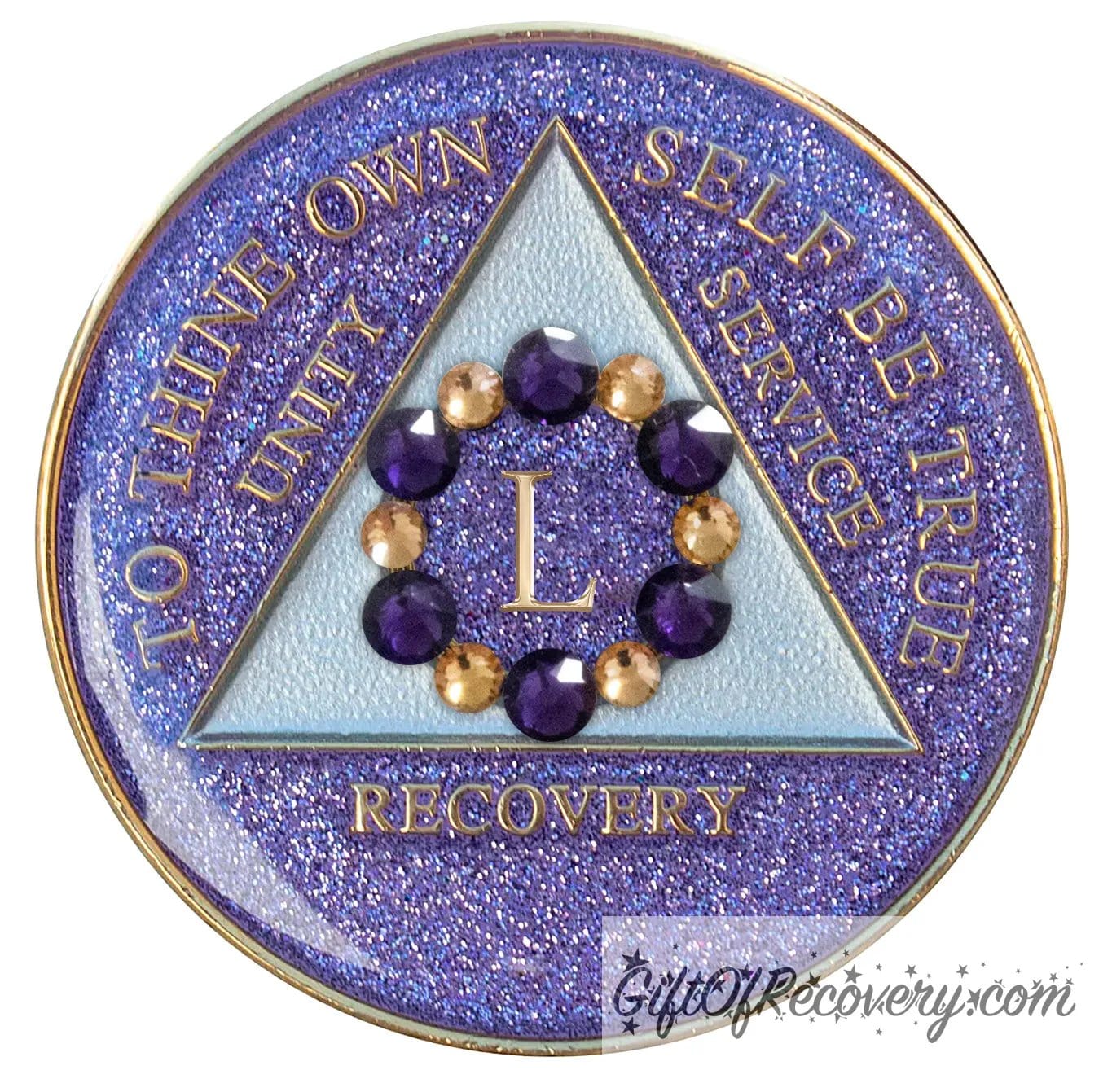 50 year AA medallion purple glitter Amethyst with 6 gold and 6 purple genuine crystals that form a circle to represent blooming through the 12 steps of recovery, to thine own self be true, unity, service, recovery embossed with 14k gold-plated brass, triangle is pearl white, sealed with resin for a shiny finish that will last and is scratch proof.