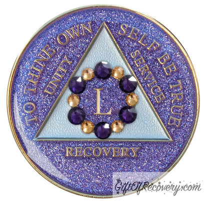 50 year AA medallion purple glitter Amethyst with 6 gold and 6 purple genuine crystals that form a circle to represent blooming through the 12 steps of recovery, to thine own self be true, unity, service, recovery embossed with 14k gold-plated brass, triangle is pearl white, sealed with resin for a shiny finish that will last and is scratch proof.