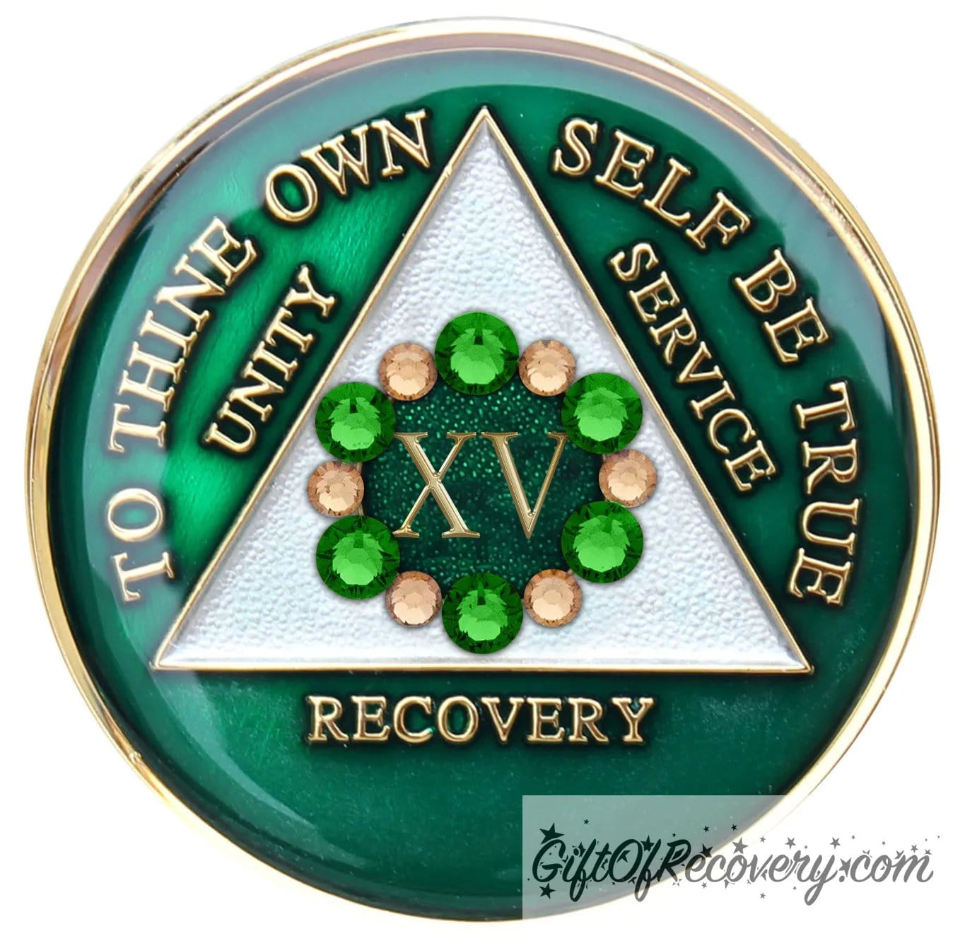 15 year AA medallion Emerald green with 6 green CZ crystals and 6 gold that make a circle around the roman numeral, to symbolize a bloom, we grow where we are planted, AA slogan and three legacies are embossed with 14k gold-plated brass and sealed for a glossy finish that will last.