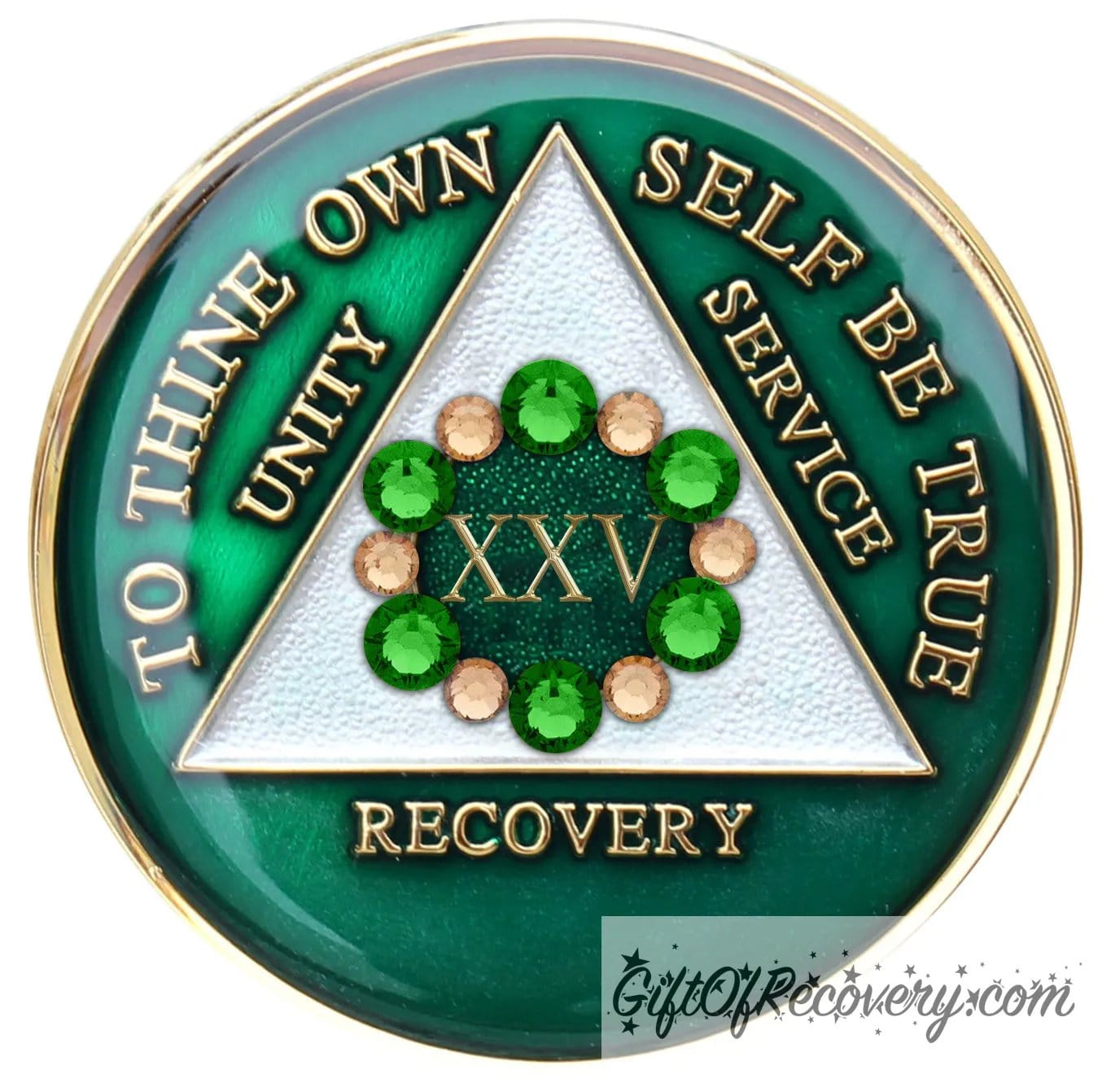 25 year AA medallion Emerald green with 6 green CZ crystals and 6 gold that make a circle around the roman numeral, to symbolize a bloom, we grow where we are planted, AA slogan and three legacies are embossed with 14k gold-plated brass and sealed for a glossy finish that will last.