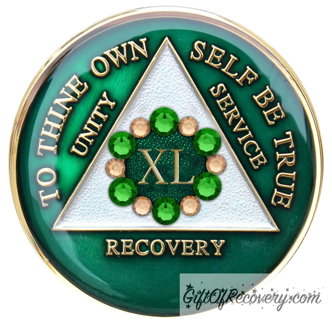 40 year AA medallion Emerald green with 6 green CZ crystals and 6 gold that make a circle around the roman numeral, to symbolize a bloom, we grow where we are planted, AA slogan and three legacies are embossed with 14k gold-plated brass and sealed for a glossy finish that will last.