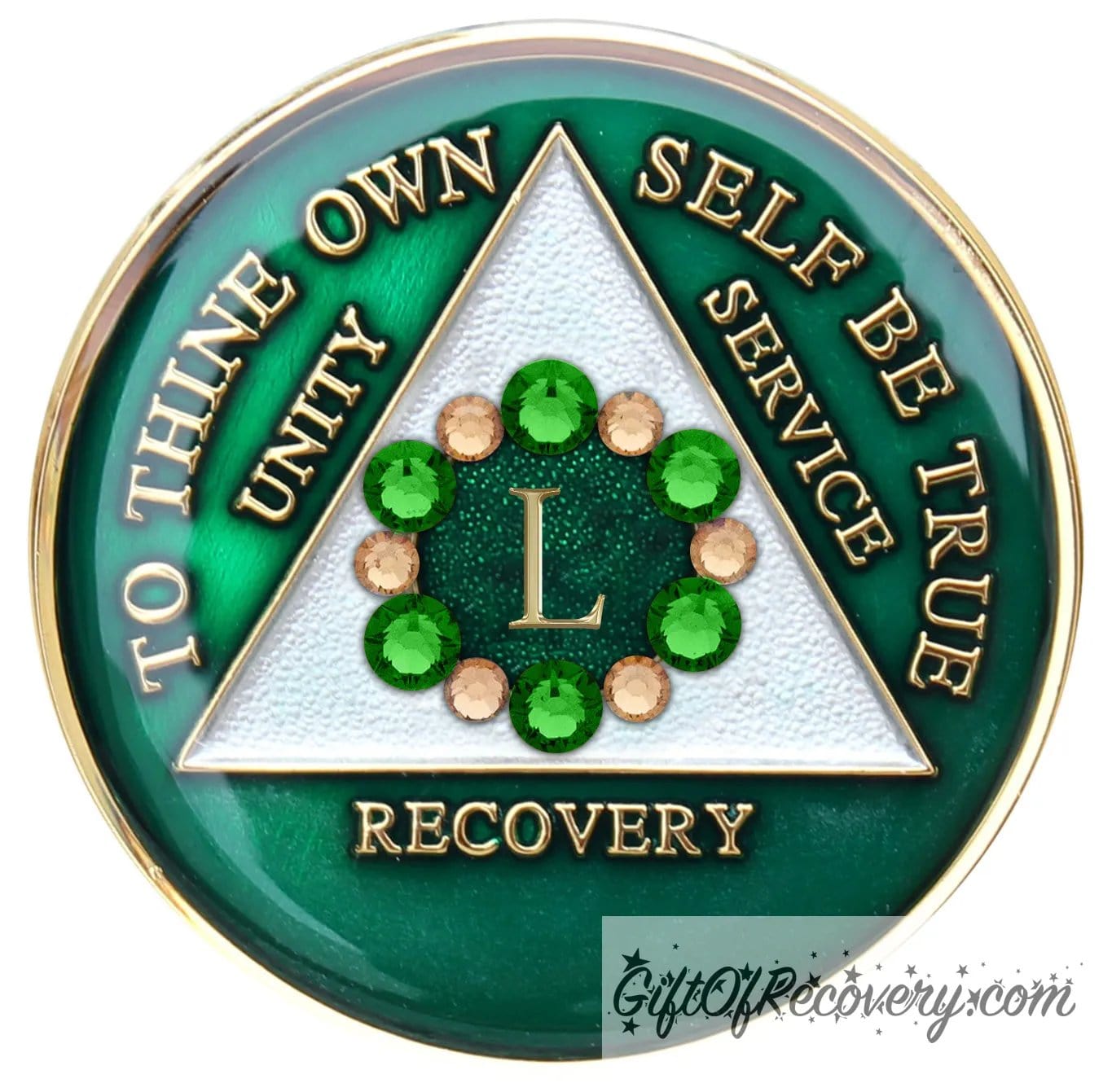 50 year AA medallion Emerald green with 6 green CZ crystals and 6 gold that make a circle around the roman numeral, to symbolize a bloom, we grow where we are planted, AA slogan and three legacies are embossed with 14k gold-plated brass and sealed for a glossy finish that will last.