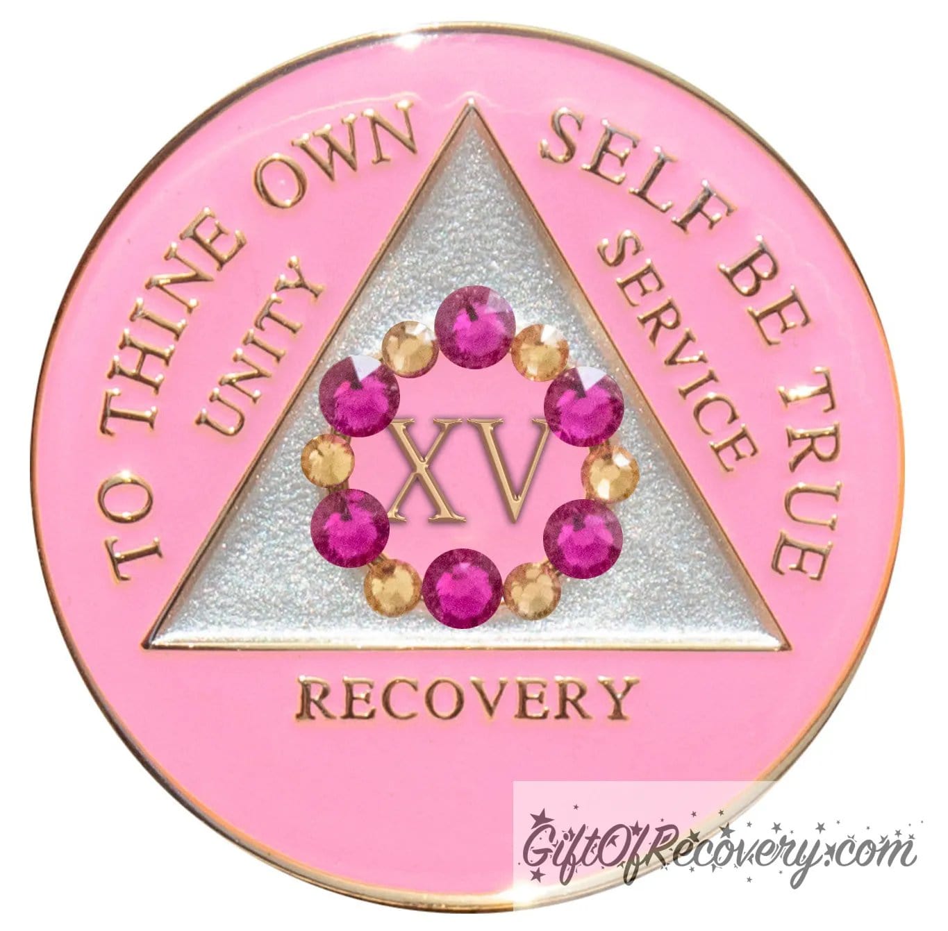 15 year AA medallion princess pink with 6 fuchsia pink genuine crystals and 6 gold to form a circle around the roman numeral to represent bloom, we grow and blossom when we work the program, triangle is pearl white with the AA slogan and three legacies embossed in 14k gold-plated brass, sealed with resin for a glossy finish.