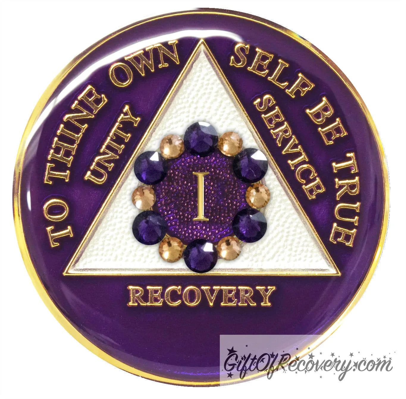 1 year AA medallion purple Amethyst adorned with 6 gold and 6 purple genuine crystal in a circle around the roman numeral to symbolize a flower and to bloom where planted in your recovery journey, triangle is pearl white and AA moto is embossed with 14k gold-plated brass, sealed in resin for a glossy finish that will last and is scratch proof. 