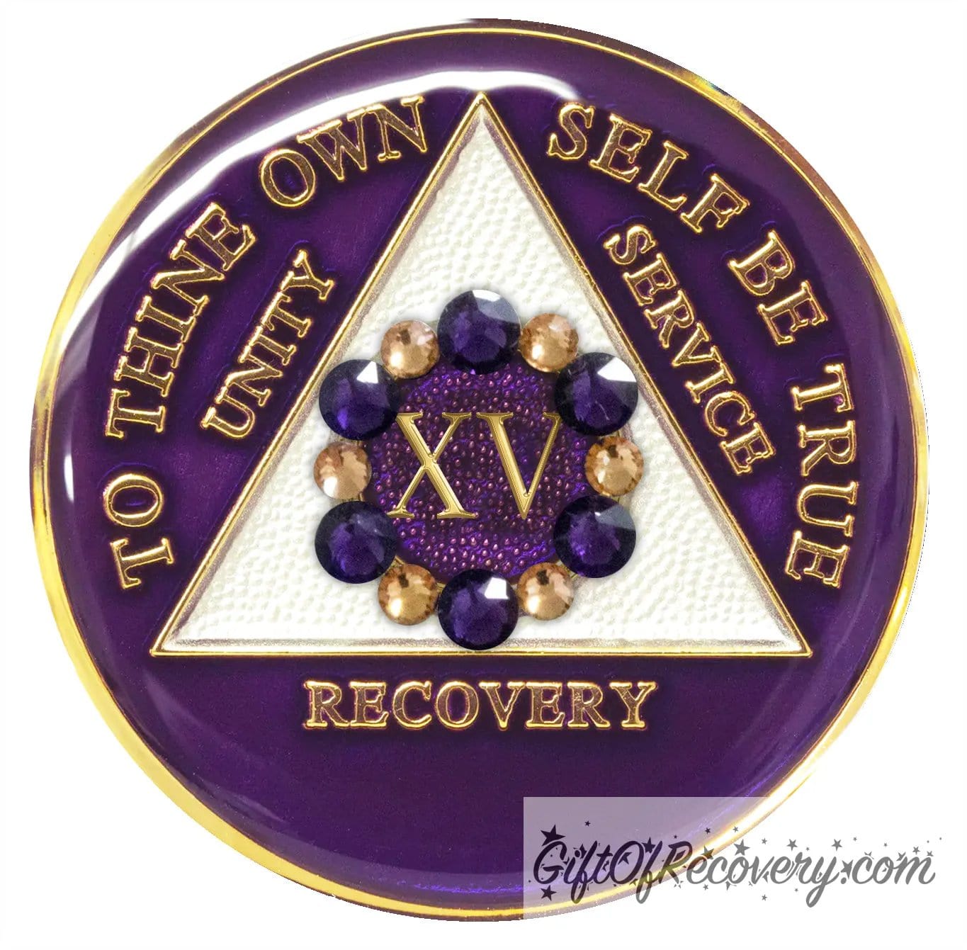 15 year AA medallion purple Amethyst adorned with 6 gold and 6 purple genuine crystal in a circle around the roman numeral to symbolize a flower and to bloom where planted in your recovery journey, triangle is pearl white and AA moto is embossed with 14k gold-plated brass, sealed in resin for a glossy finish that will last and is scratch proof.