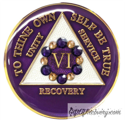 6 year AA medallion purple Amethyst adorned with 6 gold and 6 purple genuine crystal in a circle around the roman numeral to symbolize a flower and to bloom where planted in your recovery journey, triangle is pearl white and AA moto is embossed with 14k gold-plated brass, sealed in resin for a glossy finish that will last and is scratch proof.