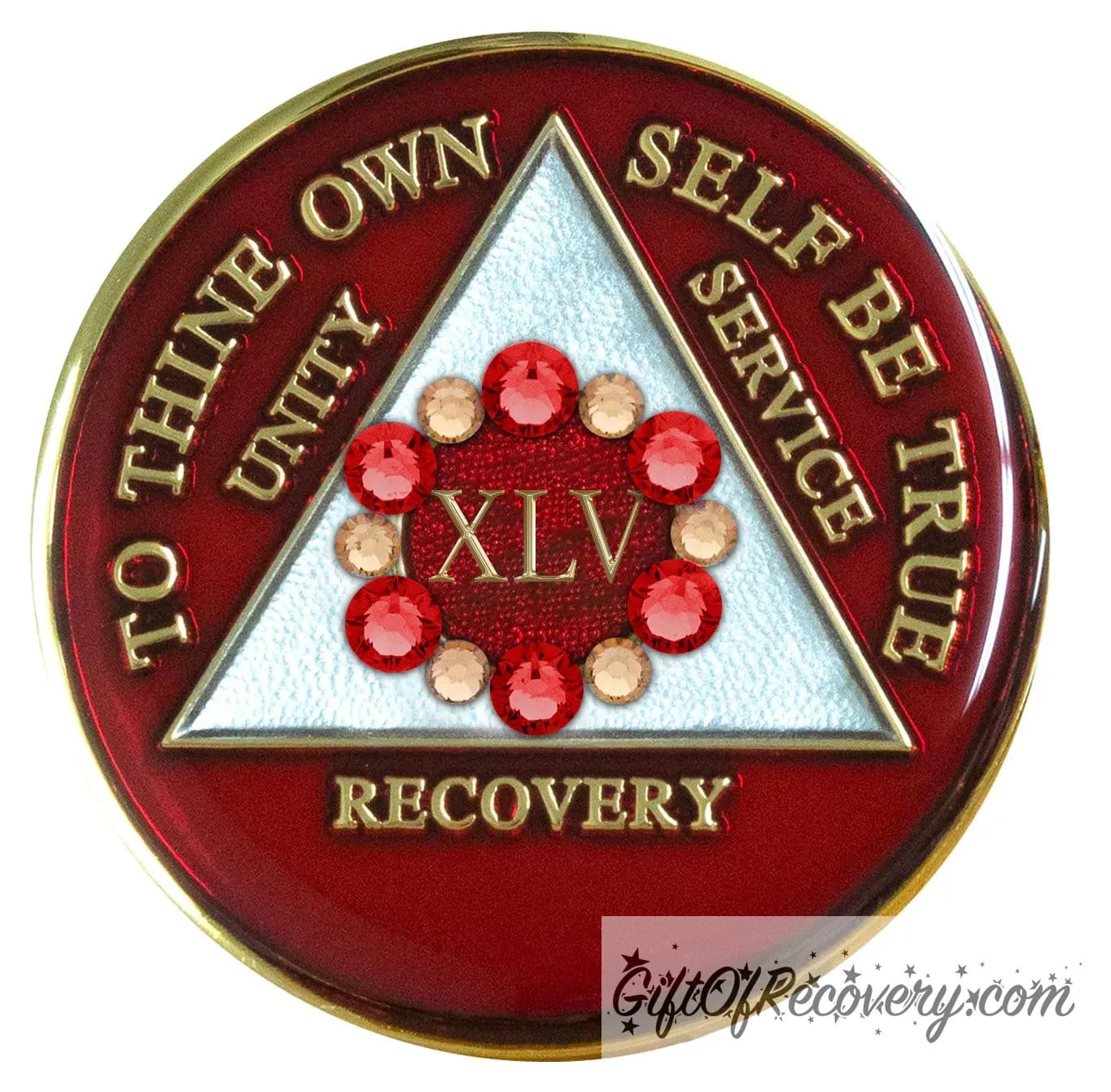 45 Year AA medallion ruby red with 6 ruby red genuine crystals and 6 gold in a circle around the roman numeral symbolizing we bloom where we are planted, the triangle is pearl white with to thine own self be true, unity, service, recovery embossed with 14k gold-plated brass, sealed with resin for a shiny finish that will last and is scratch proof.