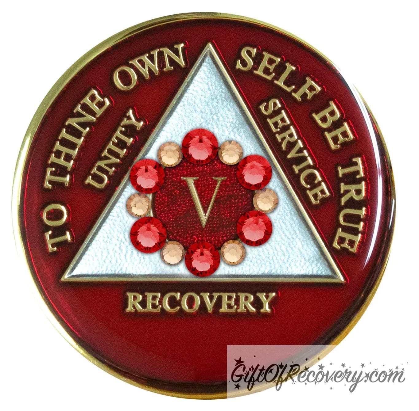 5 Year AA medallion ruby red with 6 ruby red genuine crystals and 6 gold in a circle around the roman numeral symbolizing we bloom where we are planted, the triangle is pearl white with to thine own self be true, unity, service, recovery embossed with 14k gold-plated brass, sealed with resin for a shiny finish that will last and is scratch proof.