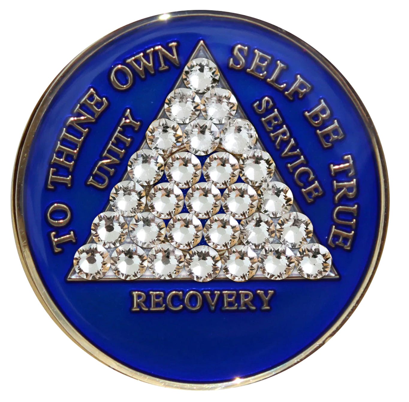 AA medallion Big Book blue with 28 genuine crystals that form the triangle entirely, this is the timeless recovery medallion, shine on with this beauty, we all have one day at a time, the AA slogan and three legacies are embossed with 14k gold-plated brass and sealed with resin for a glossy finish that will last and is scratch proof.