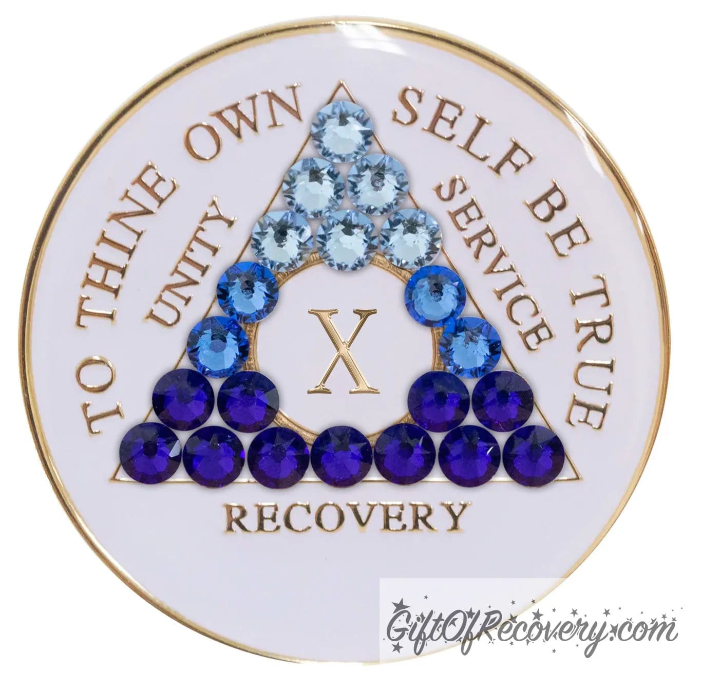 10 year AA medallion pearl white has 21 blue genuine crystals for the triangle in the center, the crystals go from light to dark blue symbolizing a transformation, the recovery medallion has to thine own self be true, unity, service, recovery, the roman numeral and the outer rim of the medallion embossed with 14k gold-plated brass, it is sealed with resin for a shiny finish.