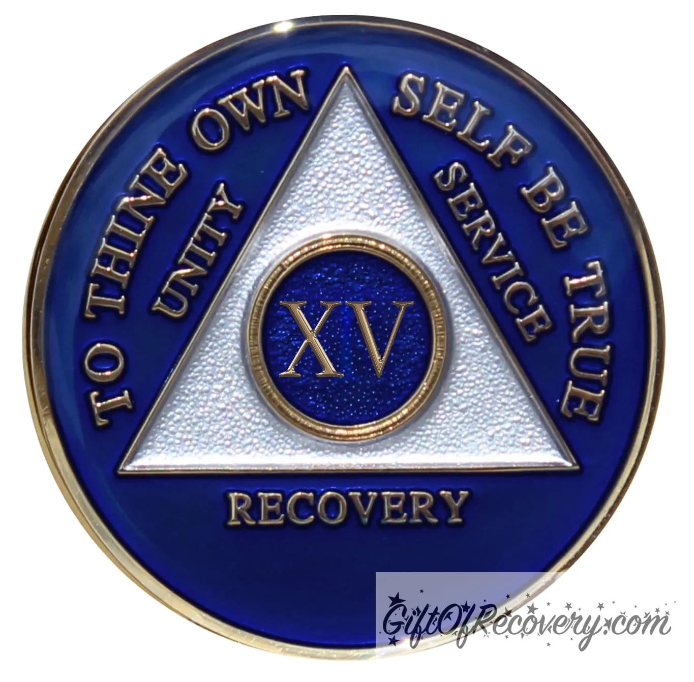 15 year AA medallion Big Book blue, to symbolize the Alcoholics Anonymous Big Book and program triangle is pearl white, to thine own self be true, unity, service, recovery, and roman numeral are embossed with 14k gold-plated brass, the recovery medallion is sealed with resin for a glossy finish that will last and is scratch free.