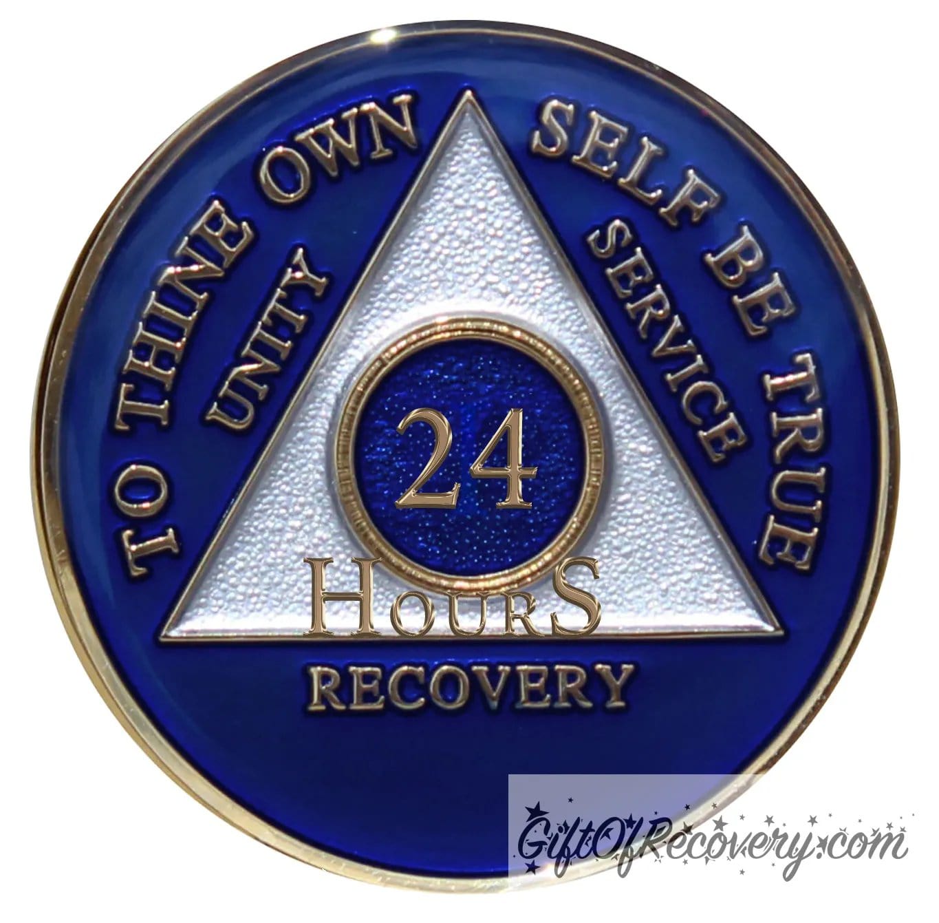 24 hour AA medallion Big Book blue, to symbolize the Alcoholics Anonymous Big Book and program triangle is pearl white, to thine own self be true, unity, service, recovery, and roman numeral are embossed with 14k gold-plated brass, the recovery medallion is sealed with resin for a glossy finish that will last and is scratch free.