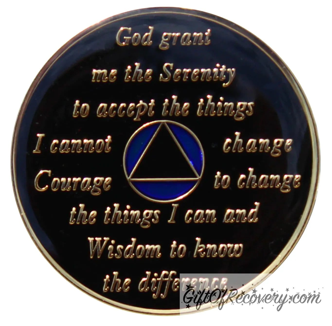 Back of Big Book blue AA recovery medallion is black with the circle is blue and triangle black and has the serenity prayer, outer rim, and the circle triangle in the center 14k gold-plated brass, the recovery medallion is sealed with resin for a shiny finish.