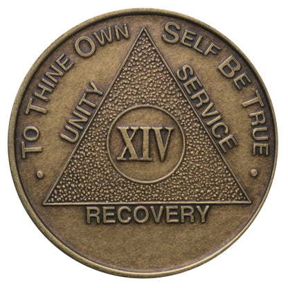 14 year bronze AA medallion, with triangle and AA slogan and motto.