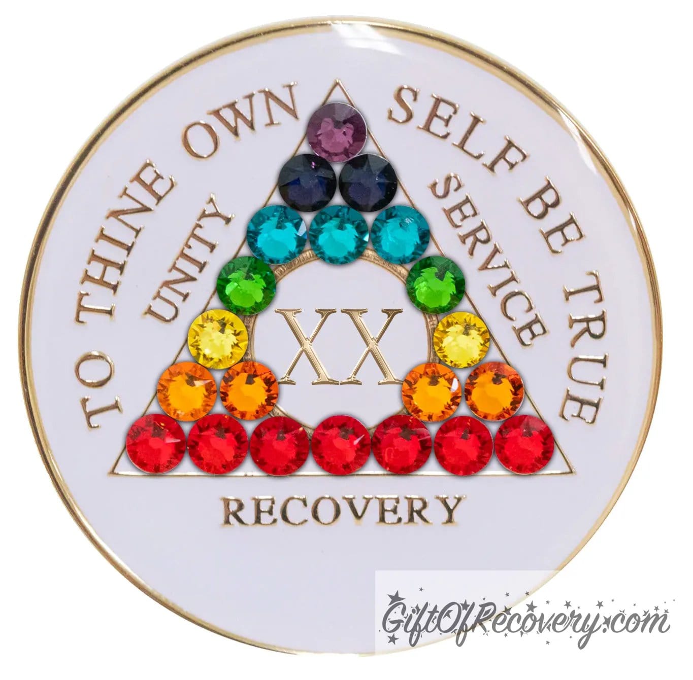 20 year AA medallion pearl white with 21 genuine crystals purple to red, representing each Chakra, AA moto and roman numeral are embossed with 14k gold-plated brass, sealed in a high-quality, chip and scratch-resistant resin dome giving it a beautiful glossy look that will last.