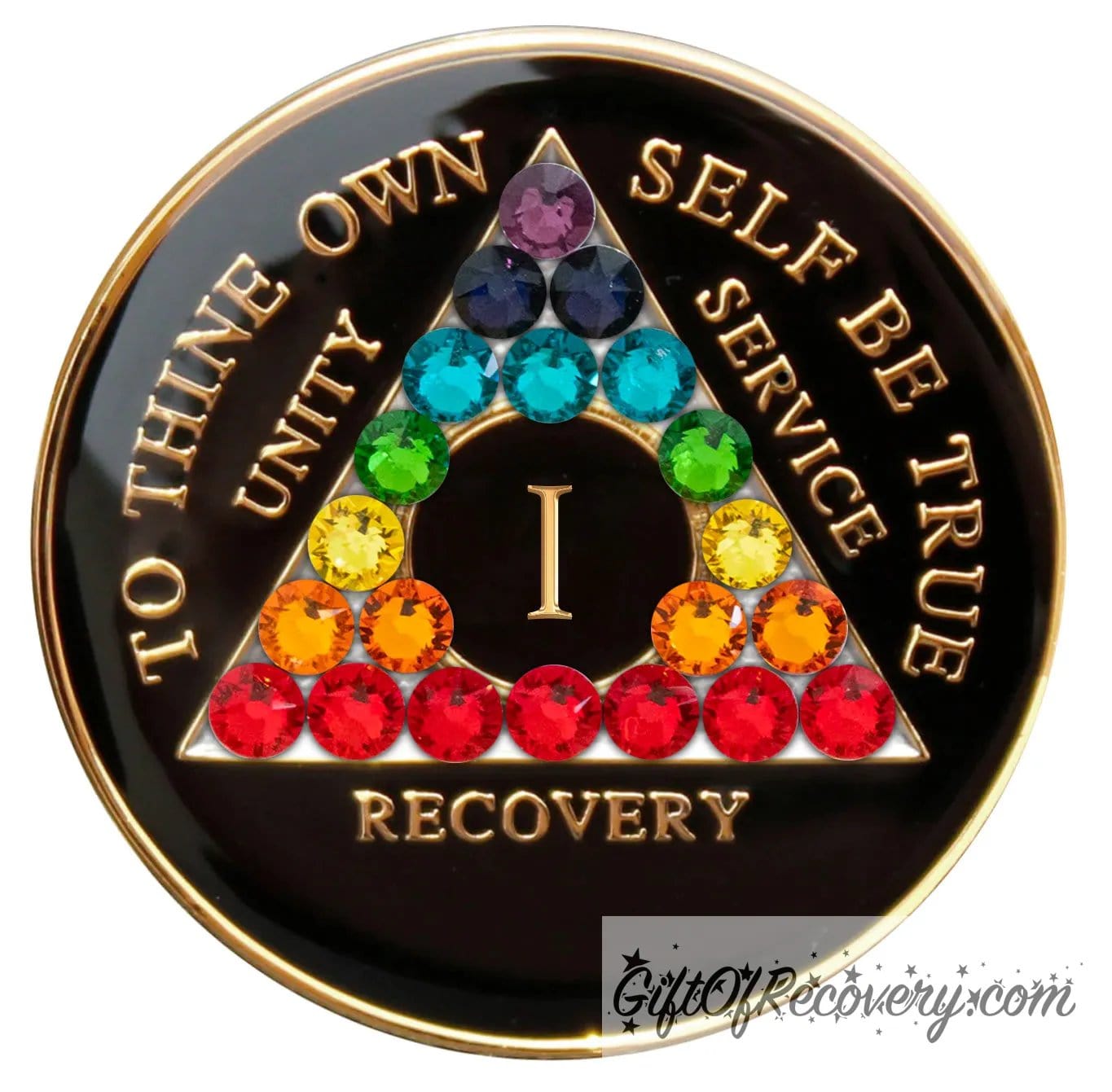 1 year black onyx AA medallion with 21 genuine crystal in the shape of the triangle and the colors represent the Chakras, with the AA moto embossed in 14k gold-plated brass and sealed with resin for a glossy finish.