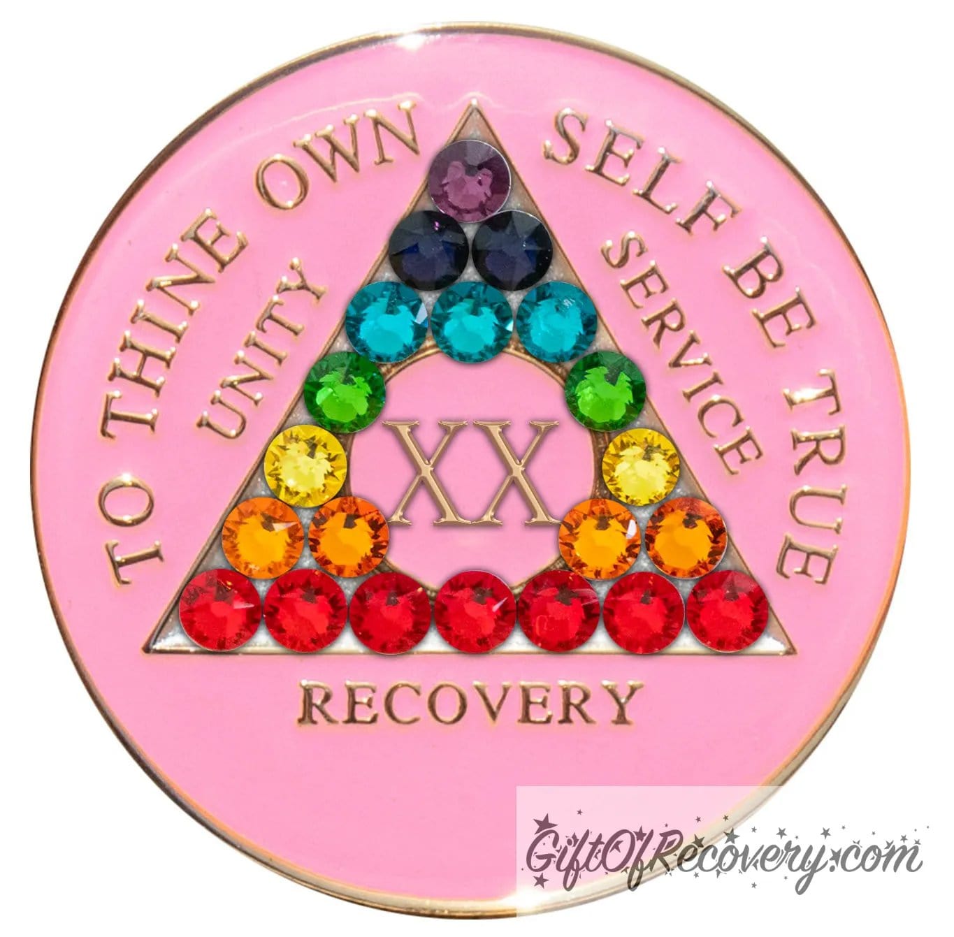 20 Year AA medallion princess pink with 21 CZ genuine crystals to represent the chakra elements by color in the triangle, AA slogan and 3 legacies are embossed with 14k gold-plated brass, sealed with resin for a lasting finish.