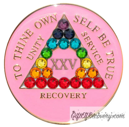 25 Year AA medallion princess pink with 21 CZ genuine crystals to represent the chakra elements by color in the triangle, AA slogan and 3 legacies are embossed with 14k gold-plated brass, sealed with resin for a lasting finish.