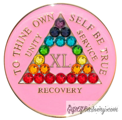 40 Year AA medallion princess pink with 21 CZ genuine crystals to represent the chakra elements by color in the triangle, AA slogan and 3 legacies are embossed with 14k gold-plated brass, sealed with resin for a lasting finish.