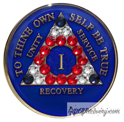 1 year AA medallion Big Book blue adorned with 3 sapphire, 6 diamond CZ, 12 red genuine crystals, red, white, blue, symbolizing proud to be an American, AA slogan three legacies are embossed with 14k gold-plated brass and sealed with resin for a glossy finish.