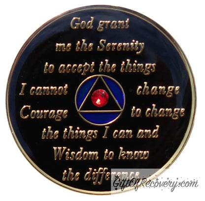 Back of Big Book blue USA CZ crystalized AA recovery medallion is black onyx and has the serenity prayer, outer rim, and the circle triangle in the center 14k gold-plated brass, the circle is blue and triangle is black with one single red CZ genuine crystal in the center of the triangle, the recovery medallion is sealed with resin for a shiny finish.