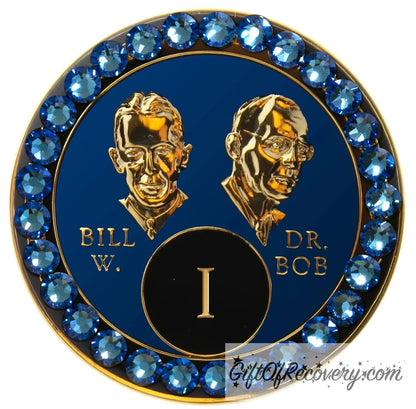 1 year AA Bill & Bob Big Book Blue recovery medallion with 28 genuine Blue crystals around the rim, this medallion is to honor our founders and our time, stylized busts of Bill W. and Dr. Bob, with their names, are embossed 14k gold-plated brass, the medallion is sealed with resin for a glossy finish.