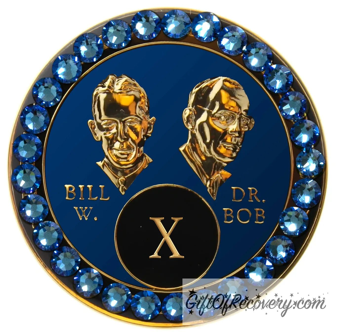 10 year AA Bill & Bob Big Book Blue recovery medallion with 28 genuine Blue crystals around the rim, this medallion is to honor our founders and our time, stylized busts of Bill W. and Dr. Bob, with their names, are embossed 14k gold-plated brass, the medallion is sealed with resin for a glossy finish.