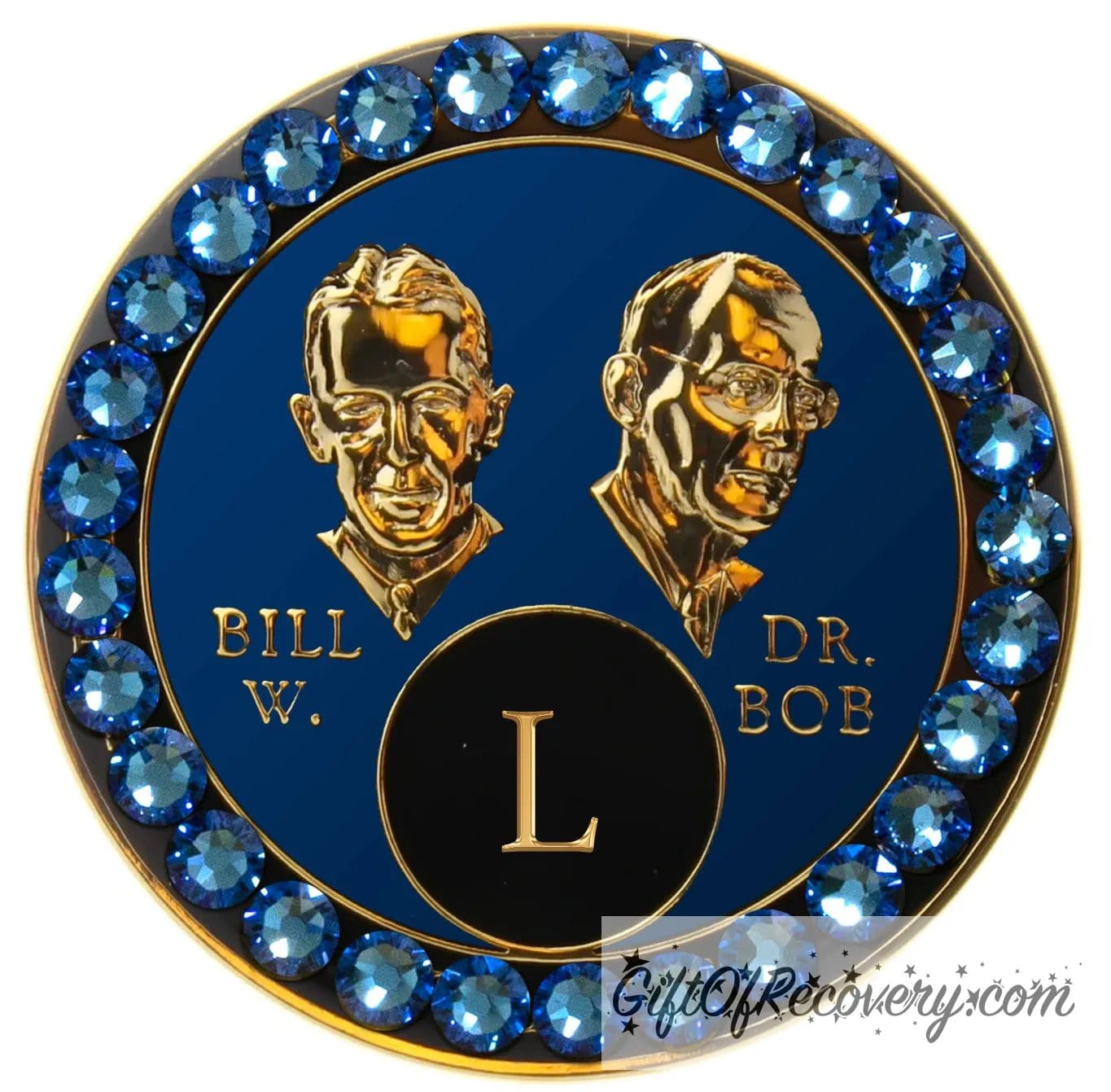 50 year AA Bill & Bob Big Book Blue recovery medallion with 28 genuine Blue crystals around the rim, this medallion is to honor our founders and our time, stylized busts of Bill W. and Dr. Bob, with their names, are embossed 14k gold-plated brass, the medallion is sealed with resin for a glossy finish.