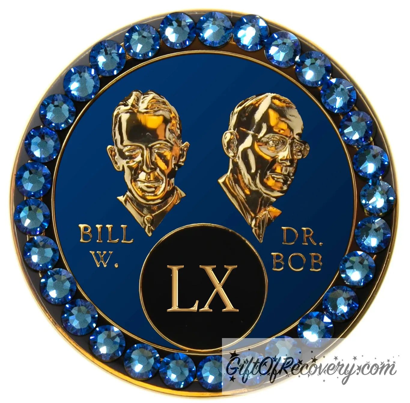 60 year AA Bill & Bob Big Book Blue recovery medallion with 28 genuine Blue crystals around the rim, this medallion is to honor our founders and our time, stylized busts of Bill W. and Dr. Bob, with their names, are embossed 14k gold-plated brass, the medallion is sealed with resin for a glossy finish.