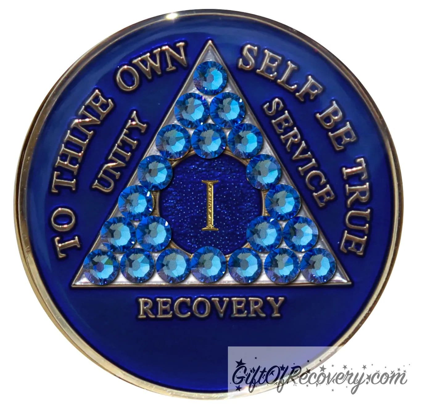 1 year AA medallion Big Book blue adorned with 21 genuine blue CZ crystals symbolizing the importance of our Big Book, to thine own self be true, unity, service, recovery are embossed with 14k gold-plated brass and sealed with resin for a glossy finish that is scratch proof and will last.