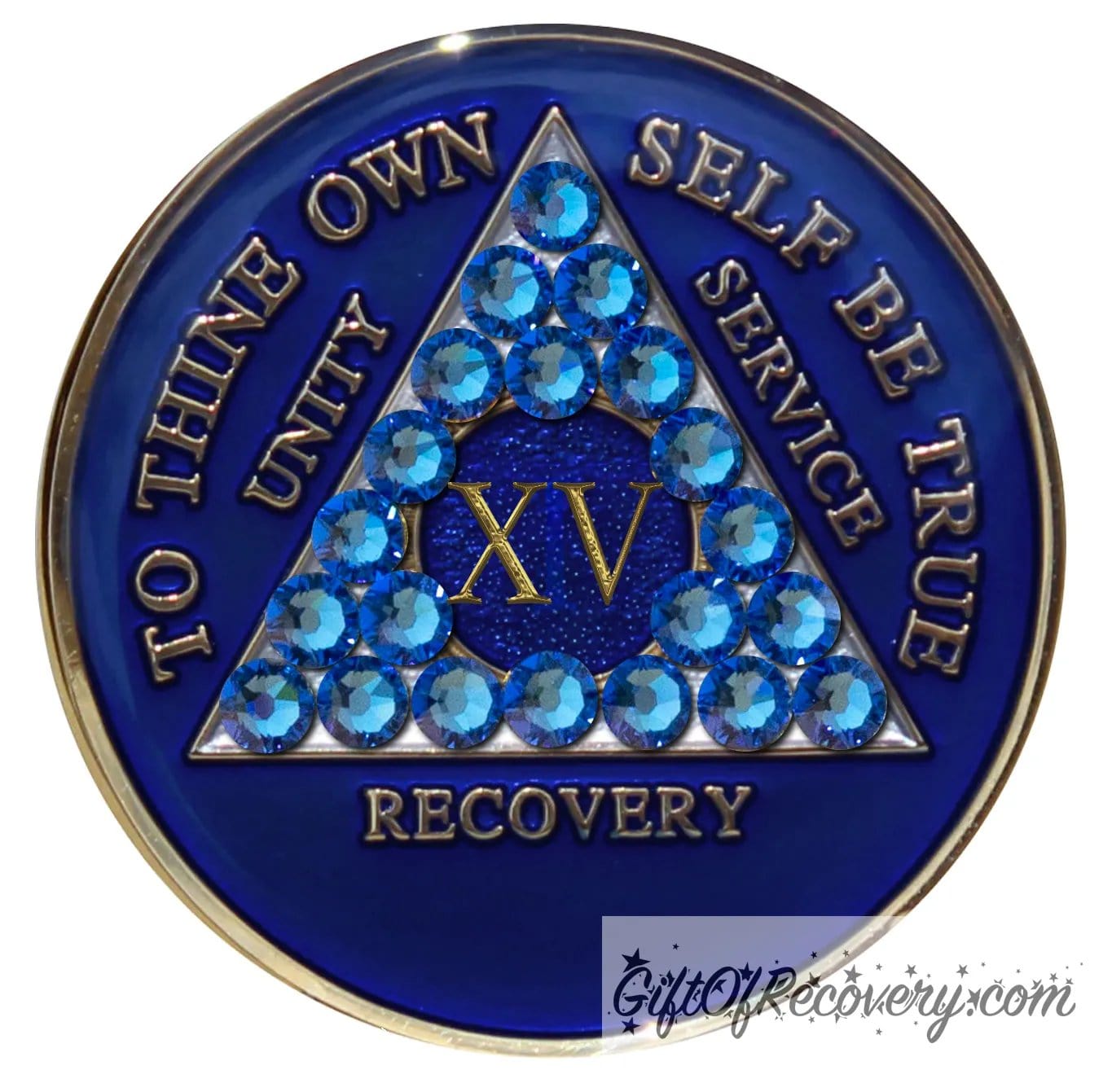 15 year AA medallion Big Book blue adorned with 21 genuine blue CZ crystals symbolizing the importance of our Big Book, to thine own self be true, unity, service, recovery are embossed with 14k gold-plated brass and sealed with resin for a glossy finish that is scratch proof and will last.