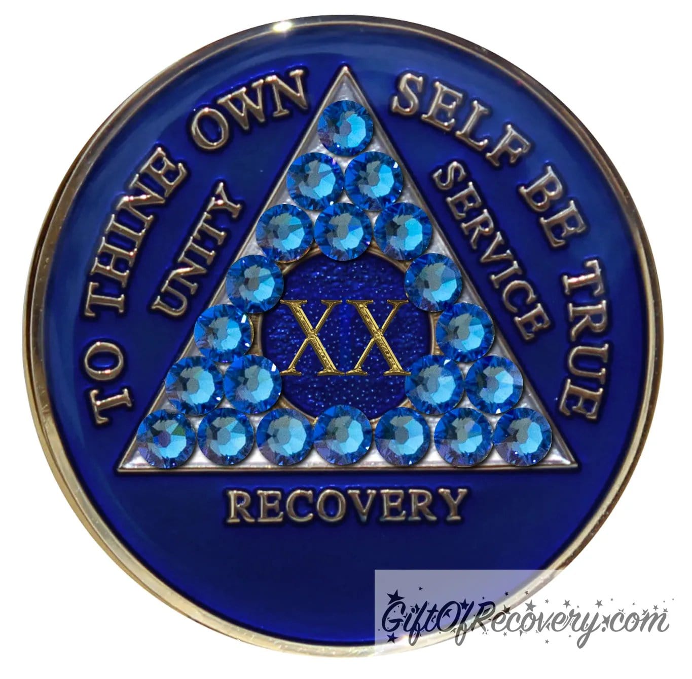 20 year AA medallion Big Book blue adorned with 21 genuine blue CZ crystals symbolizing the importance of our Big Book, to thine own self be true, unity, service, recovery are embossed with 14k gold-plated brass and sealed with resin for a glossy finish that is scratch proof and will last.