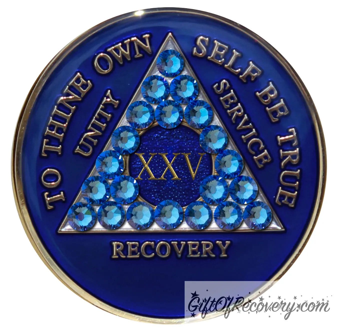 25 year AA medallion Big Book blue adorned with 21 genuine blue CZ crystals symbolizing the importance of our Big Book, to thine own self be true, unity, service, recovery are embossed with 14k gold-plated brass and sealed with resin for a glossy finish that is scratch proof and will last.