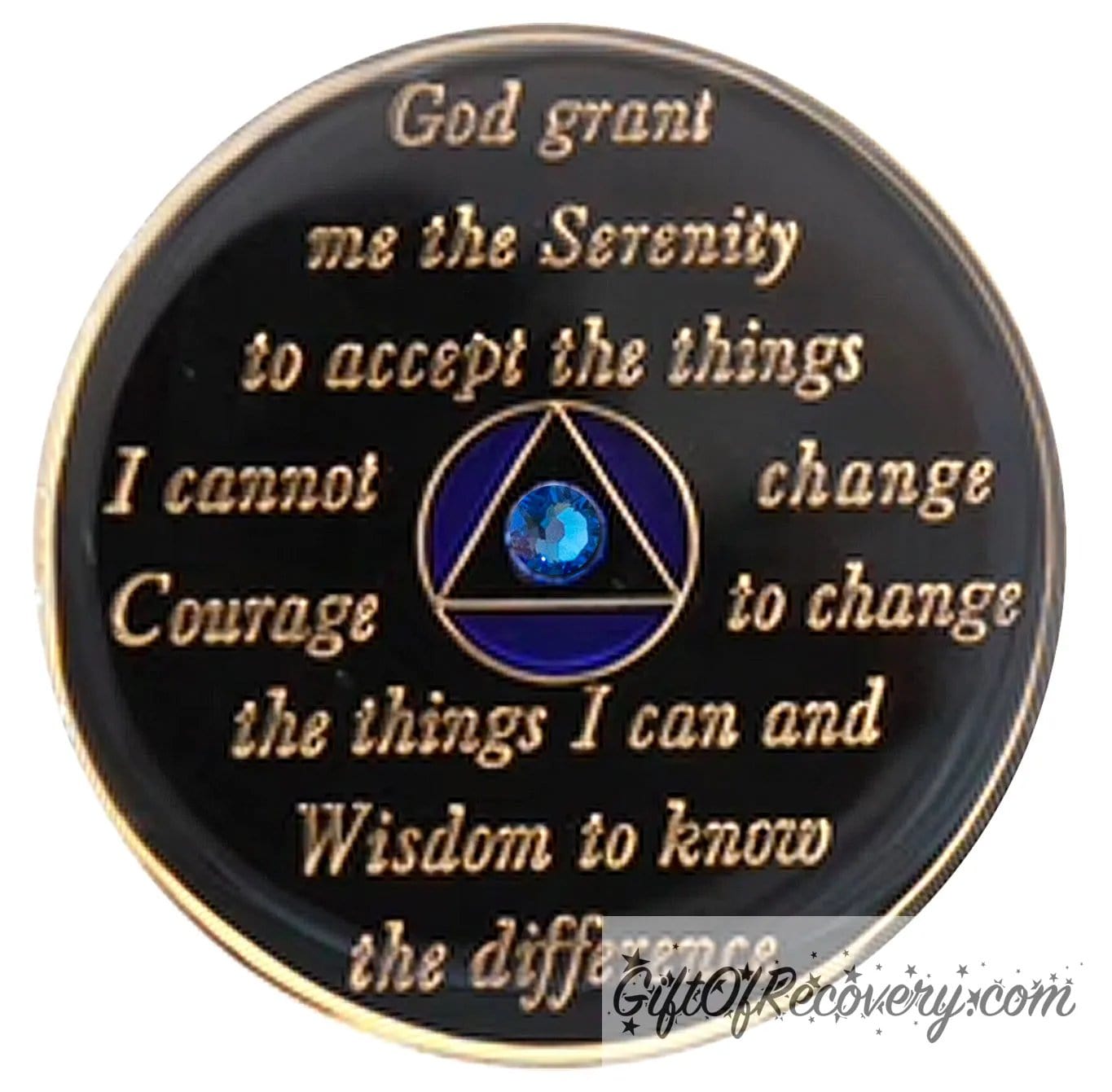 Back of Big Book blue diamond CZ crystalized AA recovery medallion is black onyx and has the serenity prayer, outer rim, and the circle triangle in the center 14k gold-plated brass, the circle is blue and triangle is black with one single blue CZ genuine crystal in the center of the triangle, the recovery medallion is sealed with resin for a shiny finish.