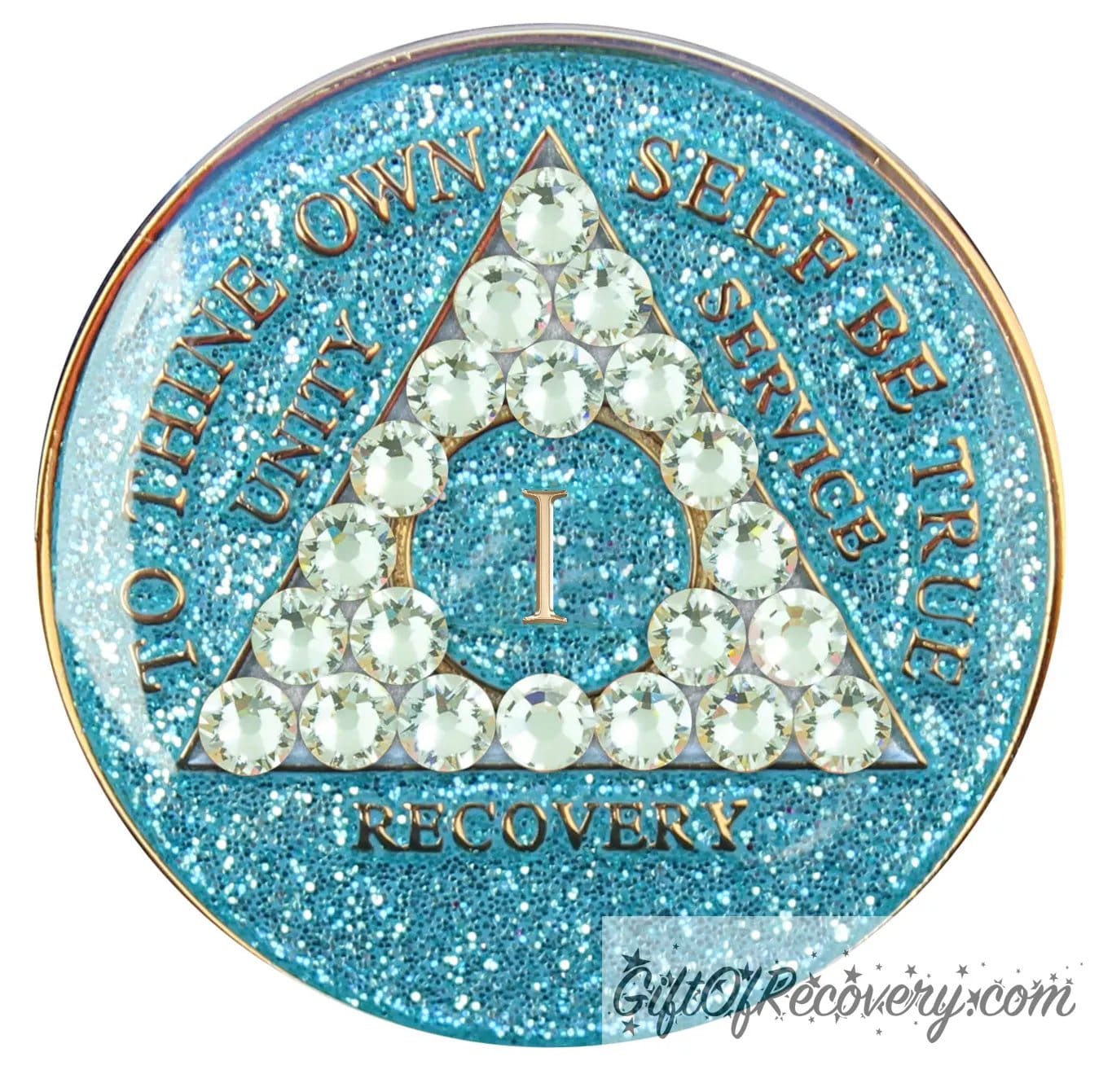 1 year deep sea Aqua glitter AA medallion adorned with 21 diamond CZ genuine crystals in the shape of the triangle that represent growth under pressure, to thine own self be true, unity, service, recovery are embossed with 14k gold-plated brass and sealed with resin for a lasting finish.