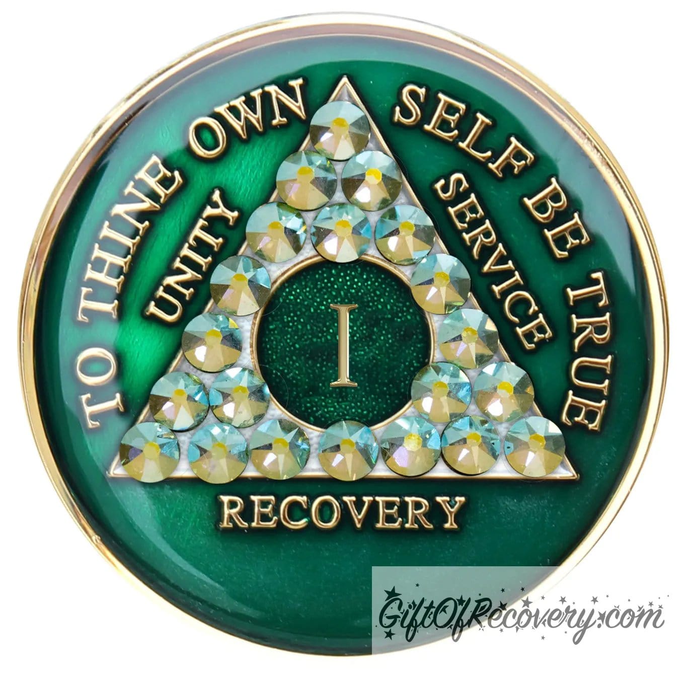 1 year AA medallion Emerald green with 21 genuine Peridot crystals that make the triangle, to represent beauty and peace in the program, AA slogan and three legacies are embossed with 14k gold-plated brass and sealed for a glossy finish that will last.