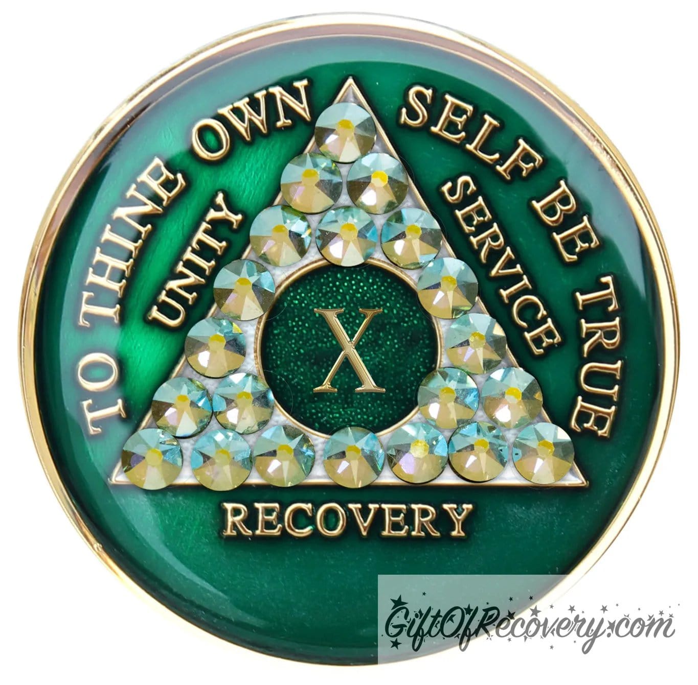 10 year AA medallion Emerald green with 21 genuine Peridot crystals that make the triangle, to represent beauty and peace in the program, AA slogan and three legacies are embossed with 14k gold-plated brass and sealed for a glossy finish that will last.