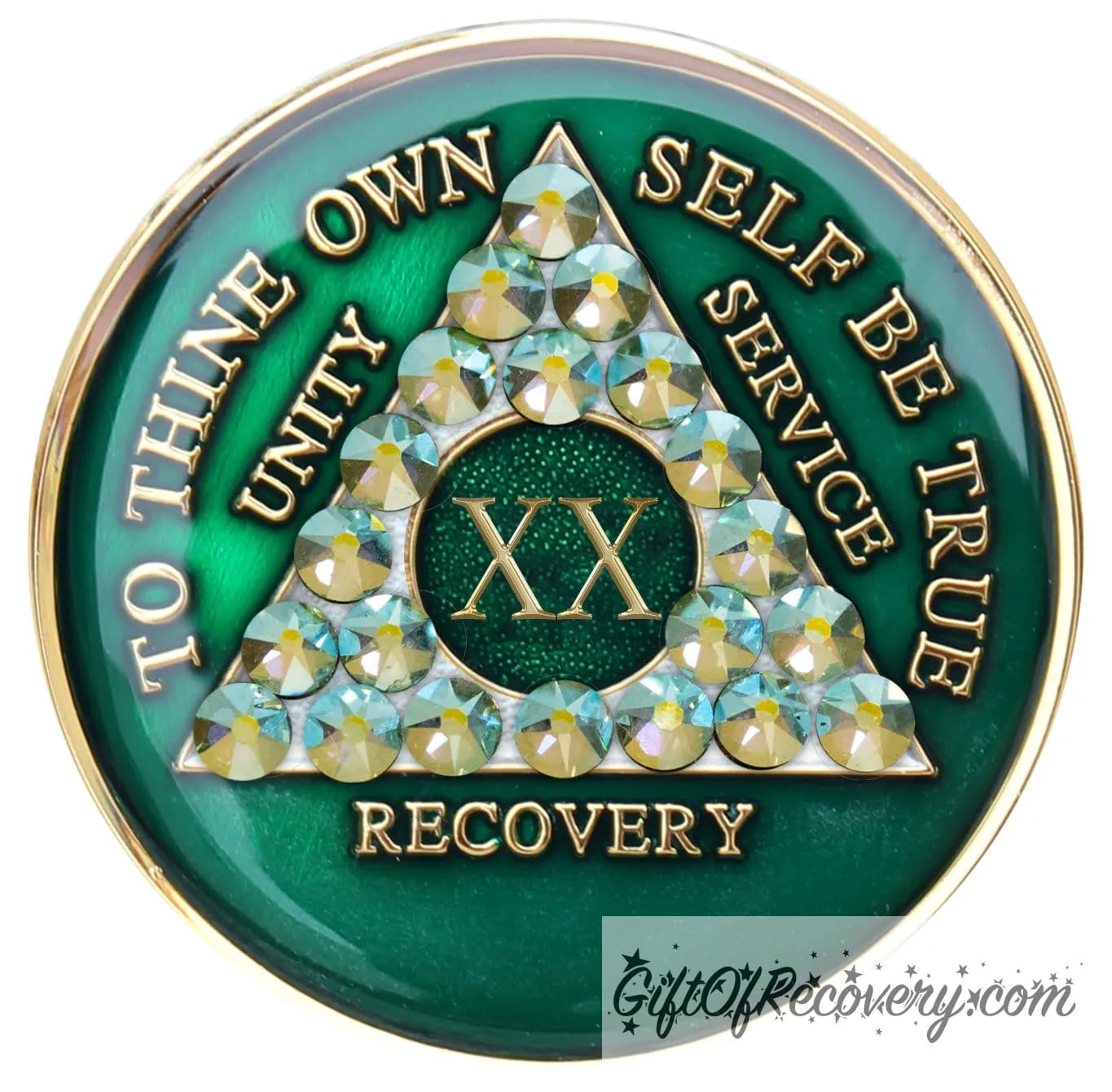 20 year AA medallion Emerald green with 21 genuine Peridot crystals that make the triangle, to represent beauty and peace in the program, AA slogan and three legacies are embossed with 14k gold-plated brass and sealed for a glossy finish that will last.